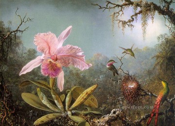 マーティン・ジョンソン・ヘッド Painting - カテリヤ オーキッドと 3 羽のブラジルのハチドリ ロマンチックな花 マーティン ジョンソン ヘッド